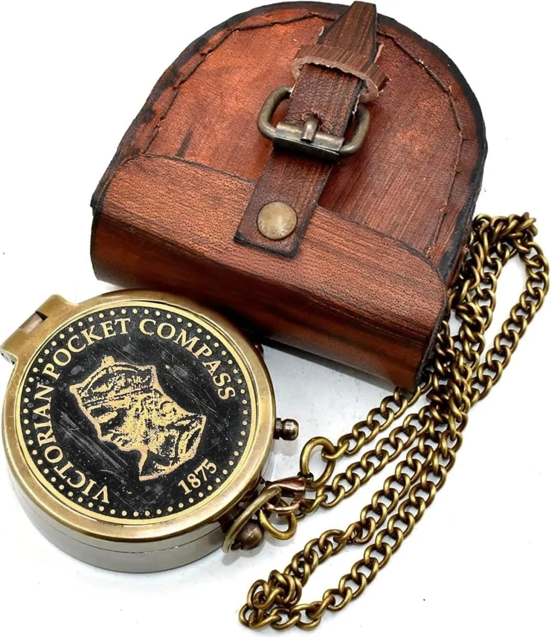 1875 Victorian Pocket Compass - Brass Engraved Compass with Leather Case - Beautiful Queen Design Compass to Her, Gift for Women, for Men, 50th/25th Wedding Anniversary, Baptism.