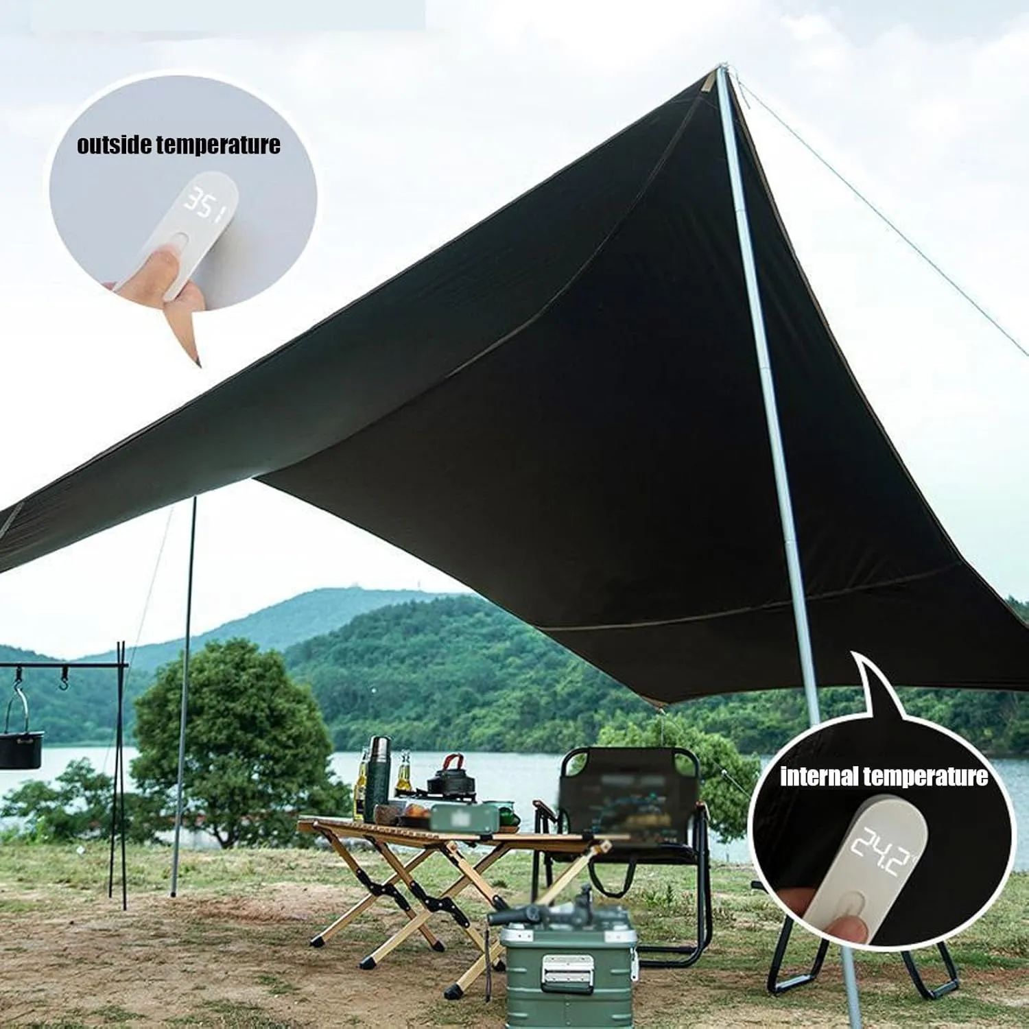 18x14ft Camping Tarp Rain Fly, Waterproof Camping Awning with Poles Rain Fly Sun Shelter for Picnic, Hiking, Backpacking(Rice-White,220x173x102inch)