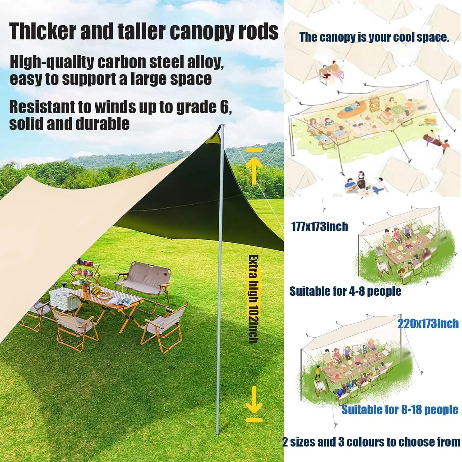 18x14ft Camping Tarp Rain Fly, Waterproof Camping Awning with Poles Rain Fly Sun Shelter for Picnic, Hiking, Backpacking(Rice-White,220x173x102inch)