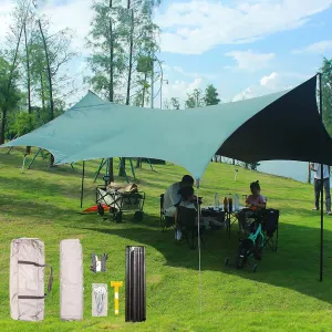 18x14ft Camping Tarp Rain Fly, Waterproof Camping Awning with Poles Rain Fly Sun Shelter for Picnic, Hiking, Backpacking(Rice-White,220x173x102inch)