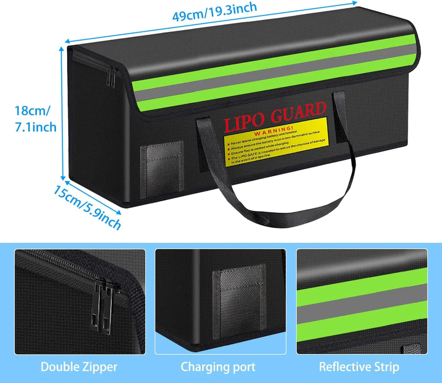 19.3"x5.9"x7.1" Ebike Battery Safe Bag Lipo Charging Bag Large Capatity for Ebike Lipo Battery Pack Storage Charging Transport,Home Office Travel Lipo Safe Storage Pouch