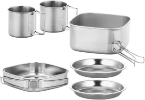 1set Portable Stainless Steel Camping Cookware Kit for Outdoor Cooking Hiking and Backpacking Easy to Clean Picnic Utensils Frying Pan Stew Pot Cups and Plates