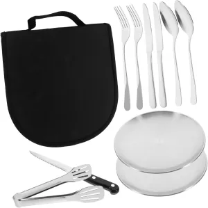 1set Stainless Steel Cutlery Set Portable Tableware Kit for Camping Outdoor Dining Includes Forks Spoons and Steak Knives Ergonomic Design for Adults Teens Finish