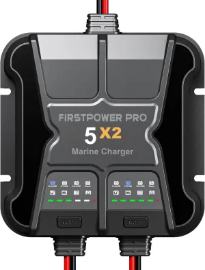 2 Bank Marine Battery Charger 5X2, 10A (5A/Bank) - 12V Waterproof Onboard Battery Charger, Battery Maintainer & Desulfator for SLA/AGM, Lithium (LiFePO4), Calcium & Deep-Cycle Battery- Charged 24/7