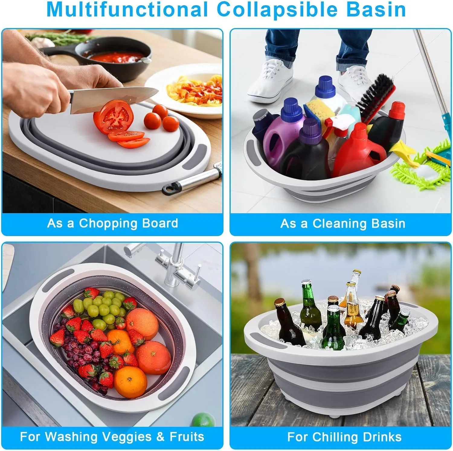 2 Pack Collapsible Wash Basin for Baby Bottles, 2 Gal Portable Sink Basin Cutting Board for RV Home Kitchen, Foldable Dish Pan Ice Beverage Tubs Cleaning Supplies for Outdoor Camping Veggies Washing
