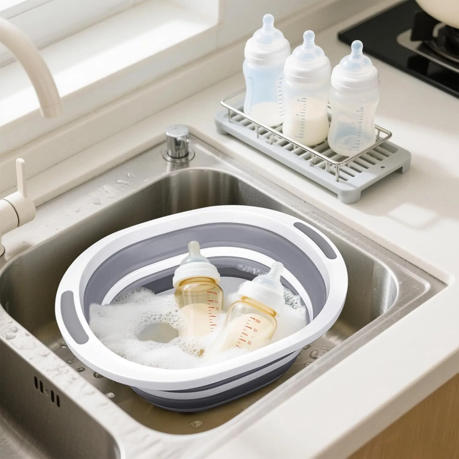 2 Pack Collapsible Wash Basin for Baby Bottles, 2 Gal Portable Sink Basin Cutting Board for RV Home Kitchen, Foldable Dish Pan Ice Beverage Tubs Cleaning Supplies for Outdoor Camping Veggies Washing