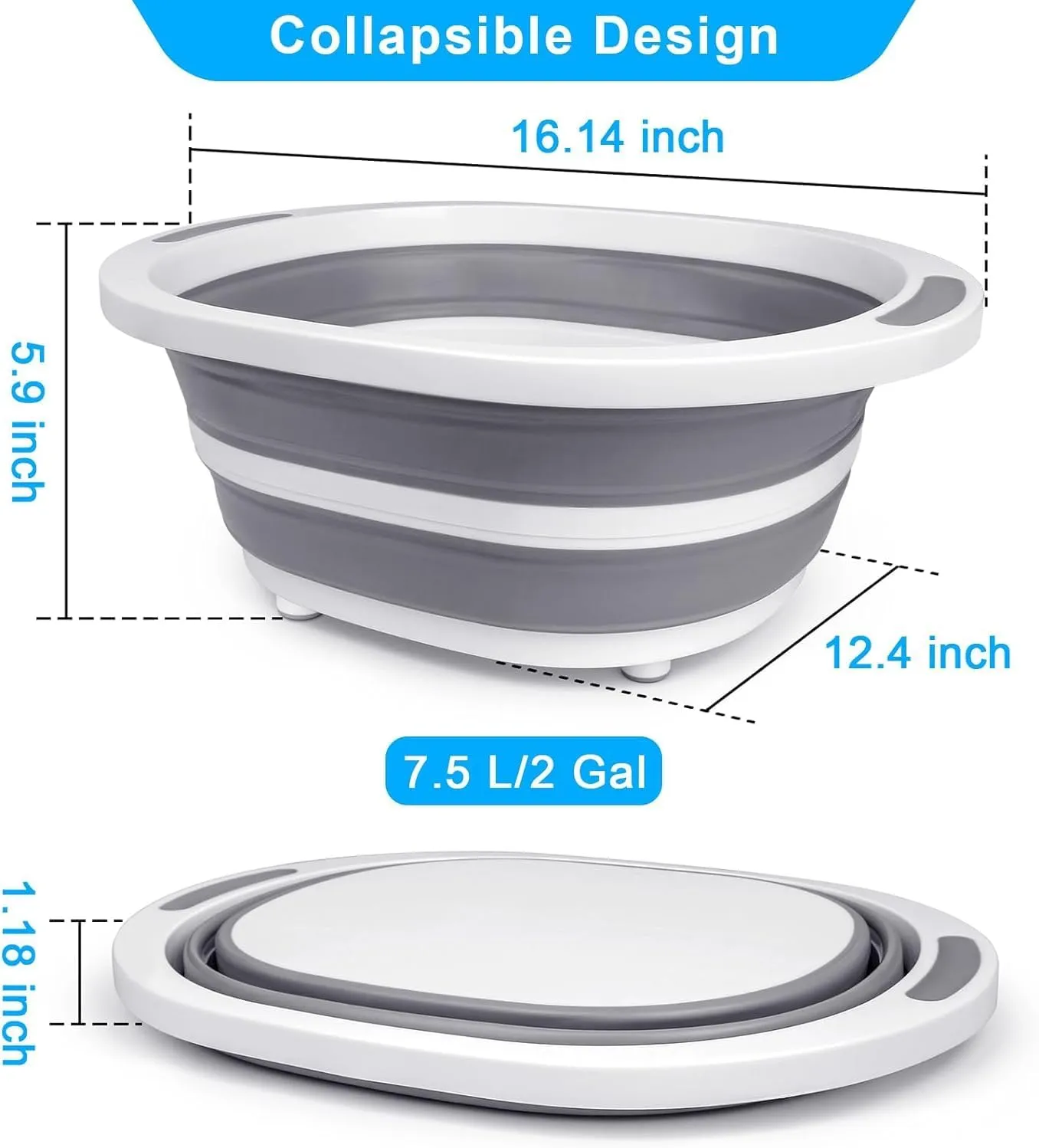 2 Pack Collapsible Wash Basin for Baby Bottles, 2 Gal Portable Sink Basin Cutting Board for RV Home Kitchen, Foldable Dish Pan Ice Beverage Tubs Cleaning Supplies for Outdoor Camping Veggies Washing