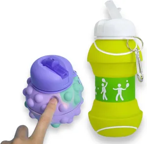 2 pack Collapsible Water Bottle for Kids- Cute Tennis -Sports - Travel Water bottles -Silicone/BPA Free (Tennis & Purple Pop it)