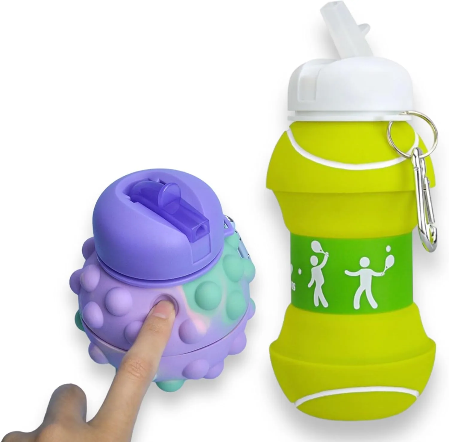 2 pack Collapsible Water Bottle for Kids- Cute Tennis -Sports - Travel Water bottles -Silicone/BPA Free (Tennis & Purple Pop it)