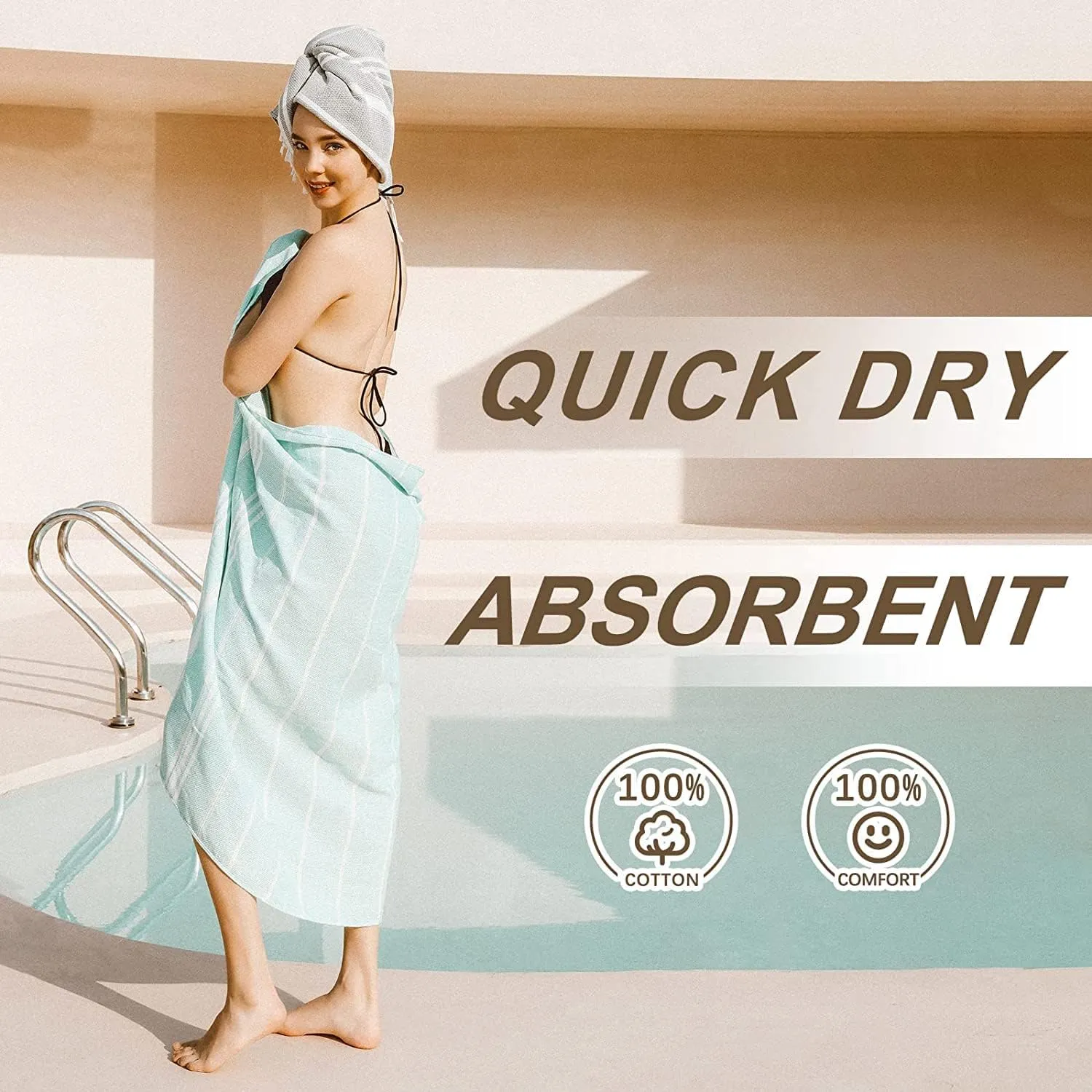 2 Packs Turkish Beach Towel Bathroom Bath Hiking Towels for Adult Soft Cotton Extra Large Summer Vacation No Sand Repels Fast Drying Compact Packable Thin Sandrpoof Repellent Anti Repels Foldable…