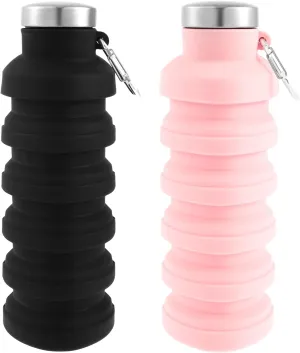 2 Pcs Collapsible Water Bottle, 500ml Reusable Portable Water Cup with Carabiner Leakproof Foldable Sport Bottle for Camping Hiking Traveling