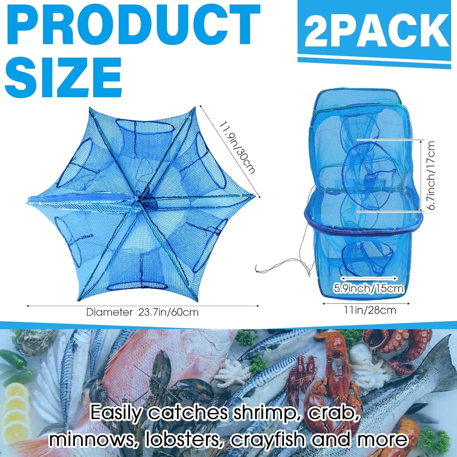 2 Pcs Foldable Fishing Trap Collapsible Hexagon 6 Hole Fishing Bait Trap Portable Minnow Crayfish Crab Crawdad Shrimp Net Cage Accessories
