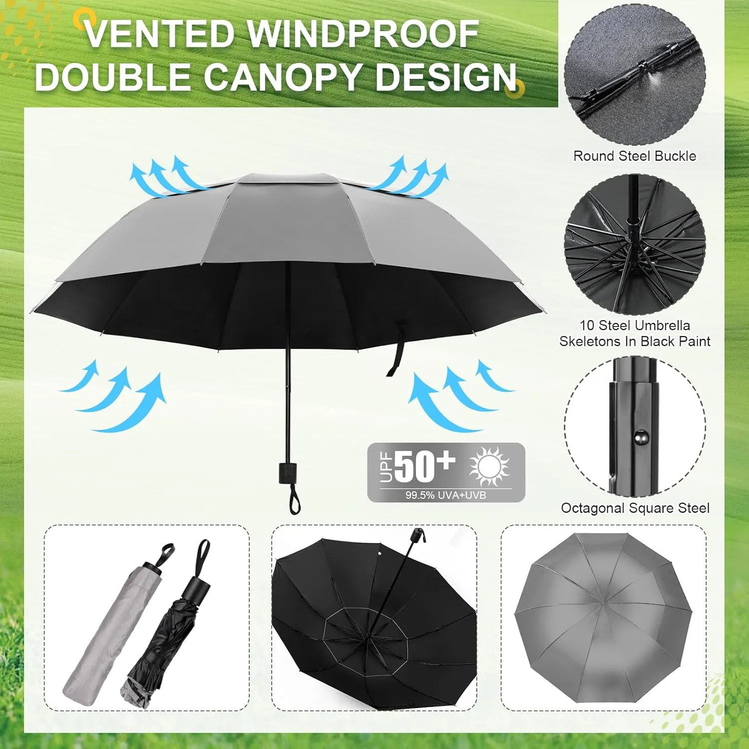 2 Pcs Large Double Canopy Beach Umbrella with Adjustable Clamp Inverted Golf Portable Compact Sun Umbrella for Chair Stroller Golf Cart Patio Fishing