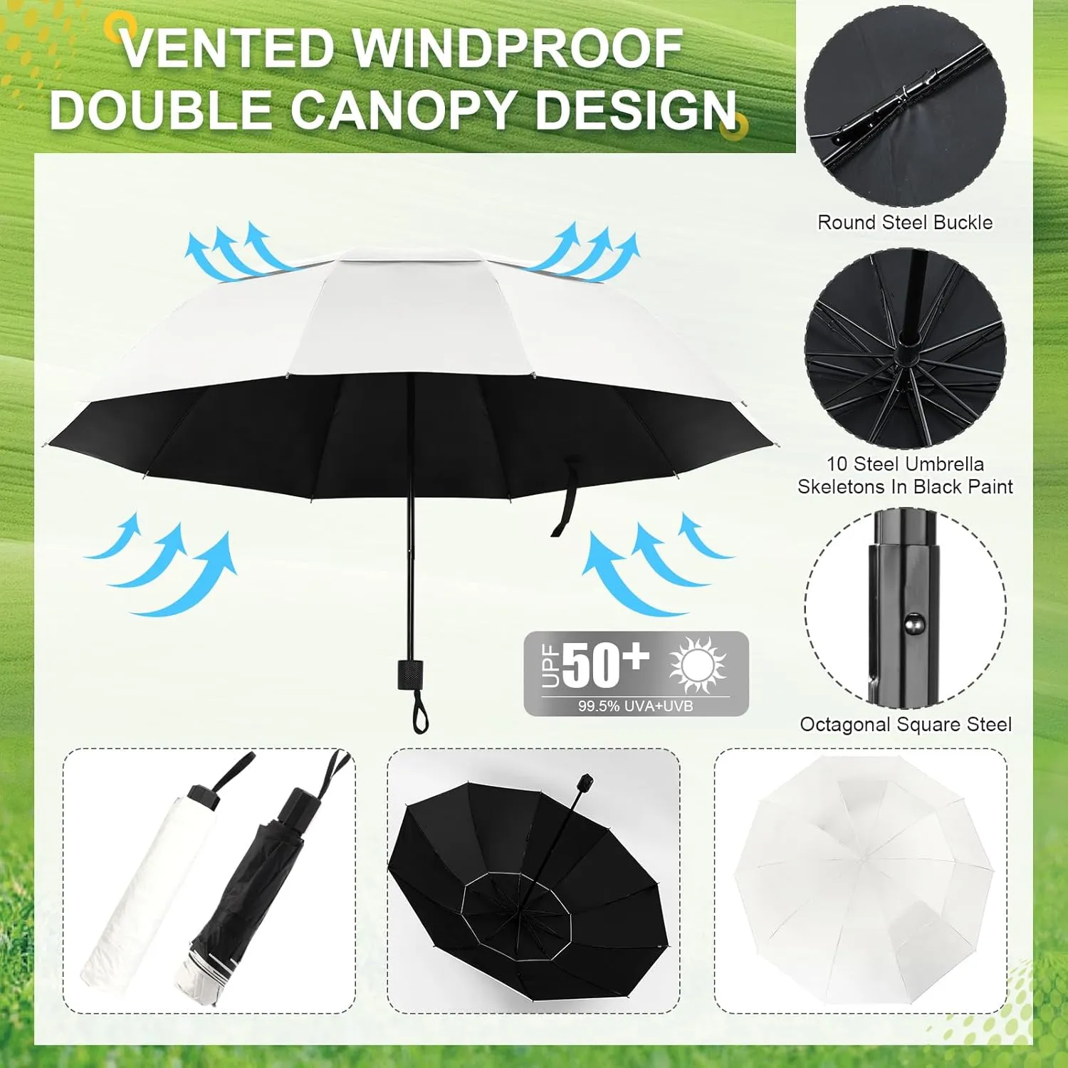 2 Pcs Large Double Canopy Beach Umbrella with Adjustable Clamp Inverted Golf Portable Compact Sun Umbrella for Chair Stroller Golf Cart Patio Fishing