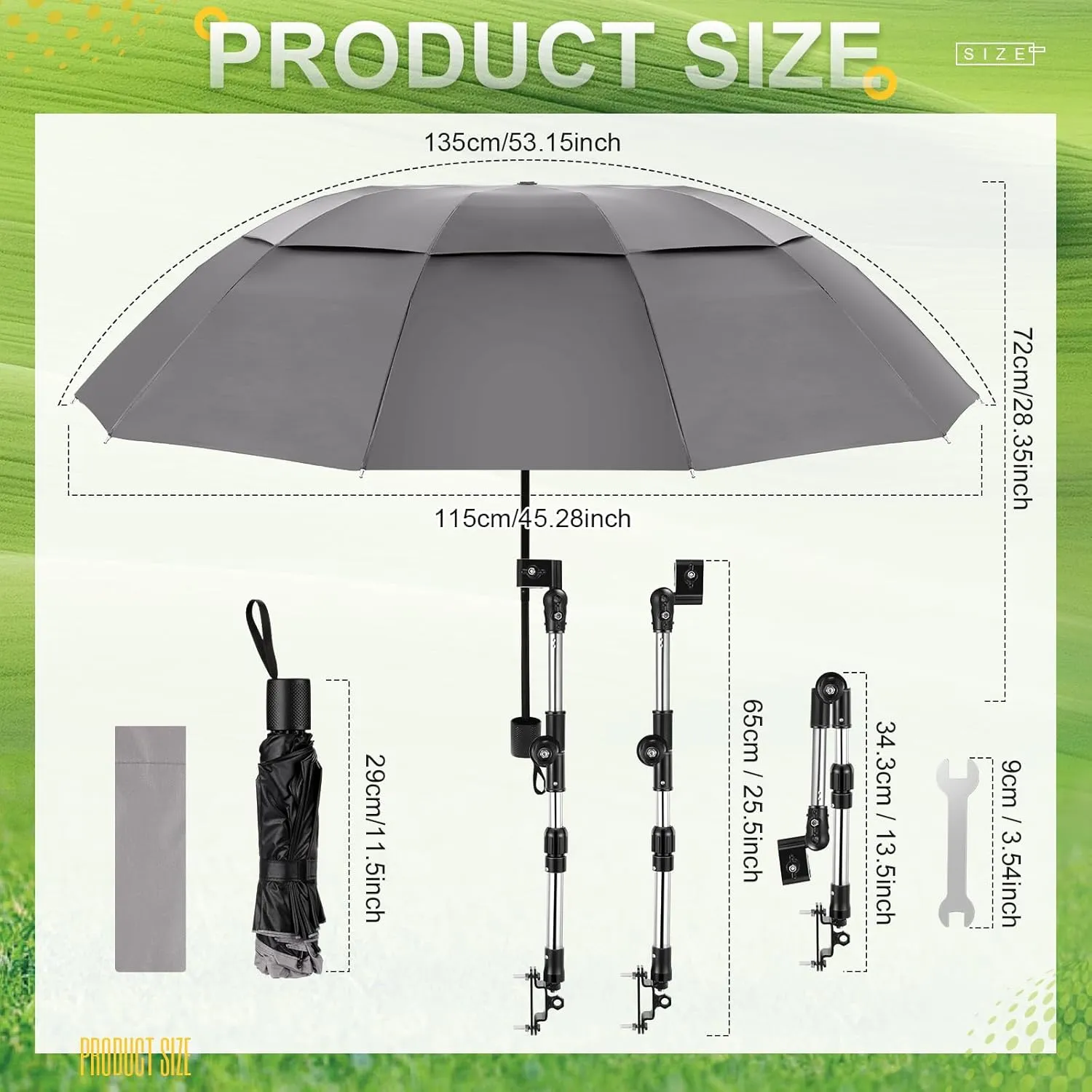 2 Pcs Large Double Canopy Beach Umbrella with Adjustable Clamp Inverted Golf Portable Compact Sun Umbrella for Chair Stroller Golf Cart Patio Fishing