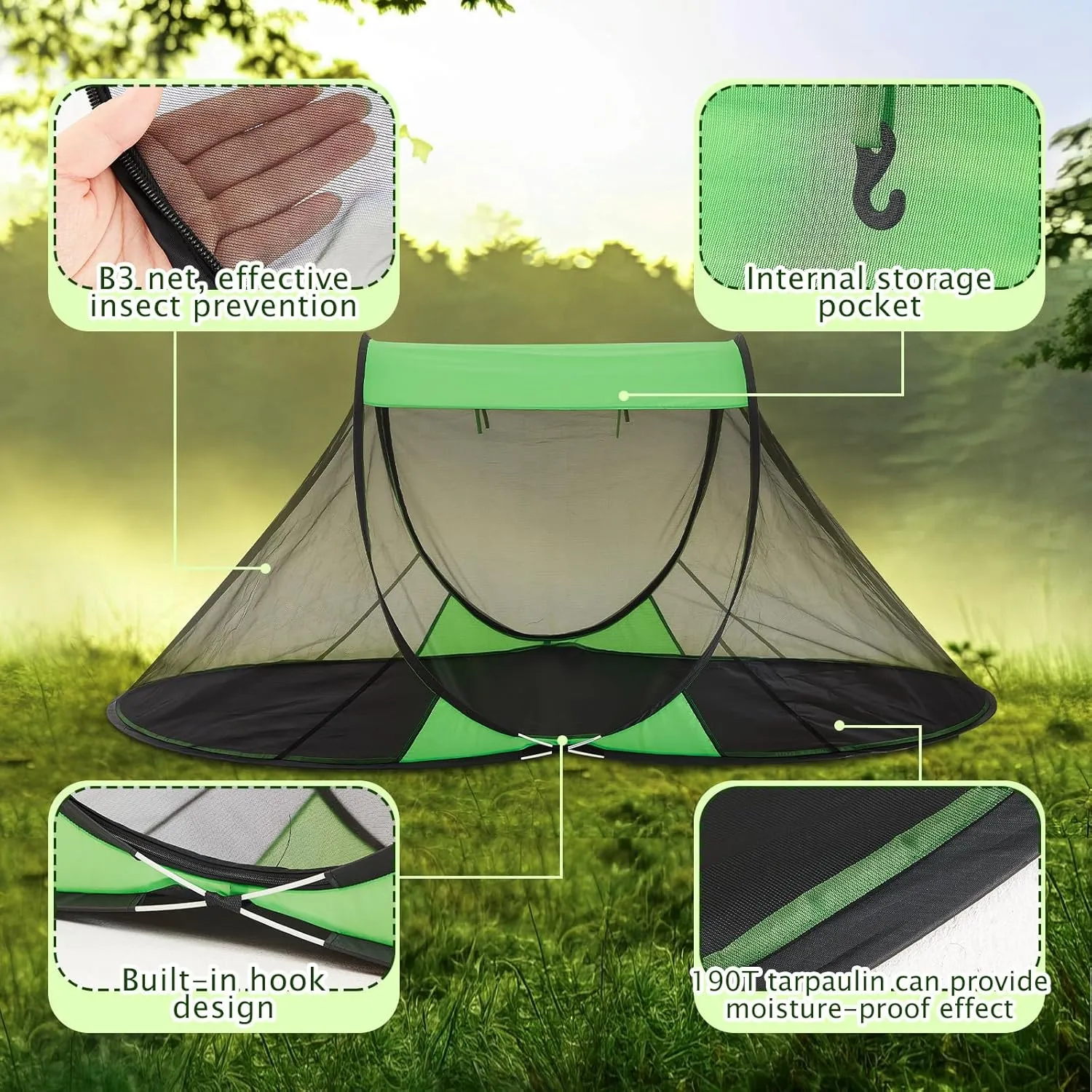 2 Pcs Pop up Mosquito Tent Outdoor for Camping One Person Bug Net Pop up Screen Tents Foldable Portable Waterproof Freestanding Insect Net for Summer Camp Bed Camping(Green)