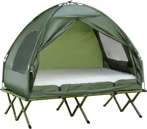 2 Person Foldable Camping Cot with Tent, Bedspread and Thick Air Mattress, 4 in 1 Elevated Camping Bed Tent for Outdoor Hiking, Picnic, Travel