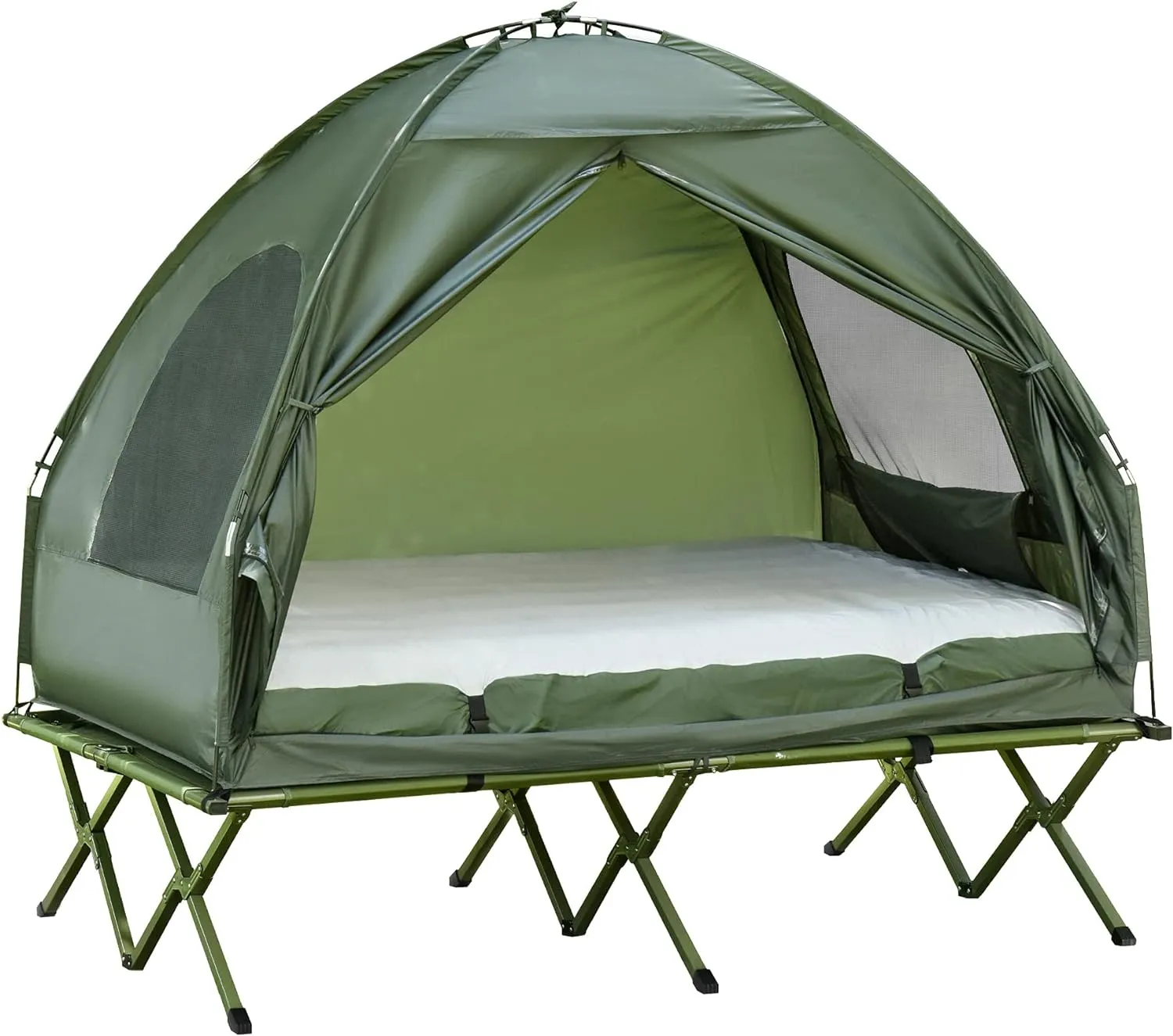 2 Person Foldable Camping Cot with Tent, Bedspread and Thick Air Mattress, 4-in-1 Elevated Camping Bed Tent for Outdoor Hiking, Picnic, Travel