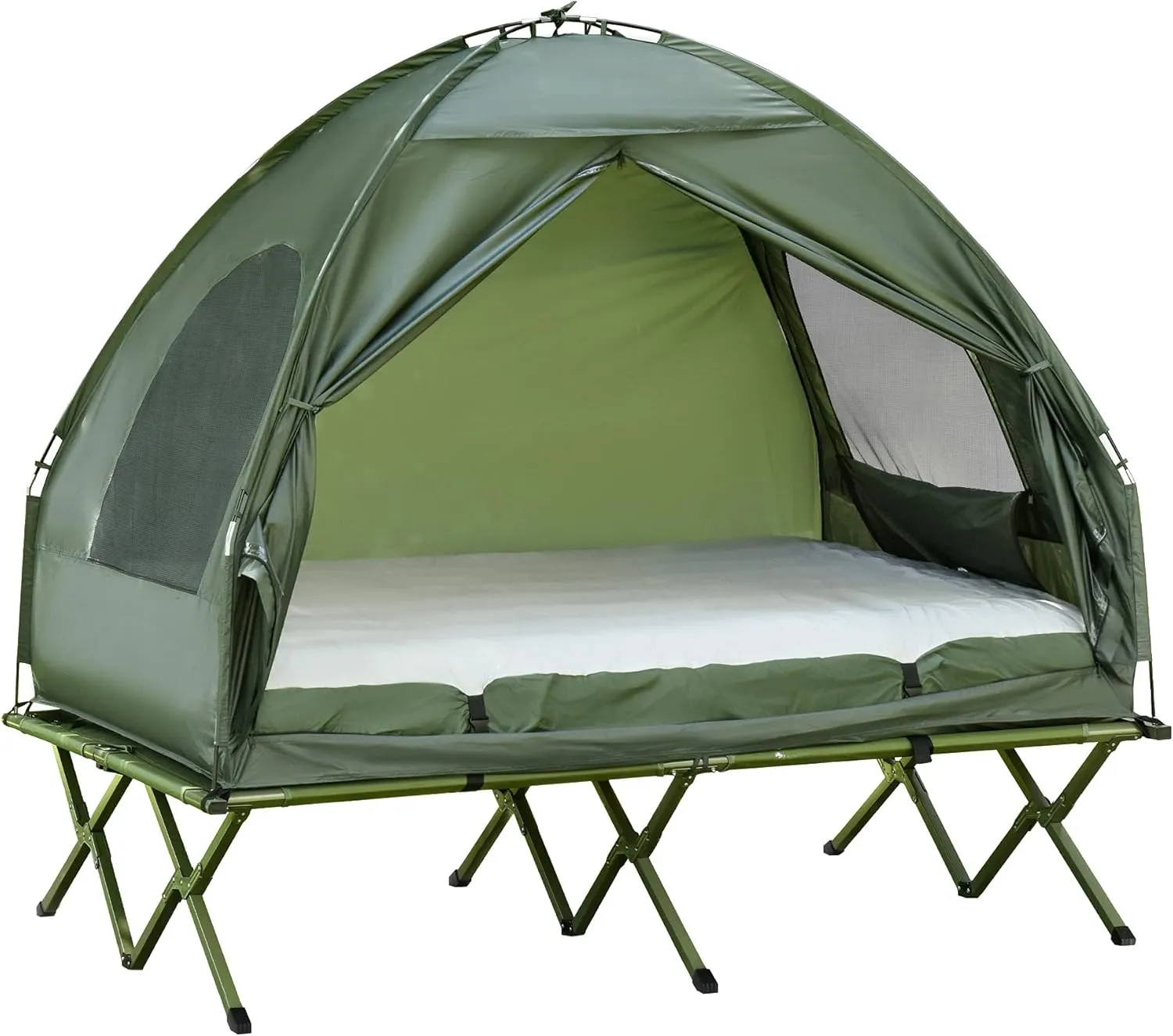 2-Person Folding Camping Cot Portable Outdoor Bed Set, Heavy-Duty Cot Bed with Mattress, Elevated Tent and Sleeping Bag, Soft and Comfortable, for Beach Vocation and Home Lounging (Green)