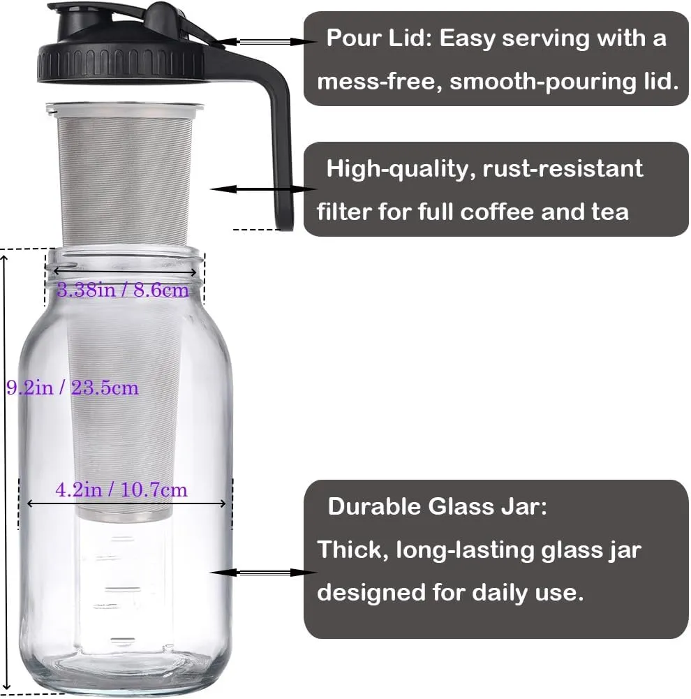 2 Set 64 oz (2 Quart), Black Cold Brew Coffee Maker, Iced Tea Machines, Thick Glass with Pour Spout Handle Lid, Stainless Steel Filter for Iced Coffee, Fruit Drinks or Sun Tea (2)