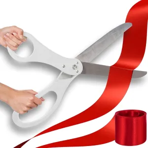 20 Inch White Giant Scissors – Extra Large Ceremonial Cutting Tool with Red Ribbon for Grand Opening Event Supplies Decorations and Business Celebrations