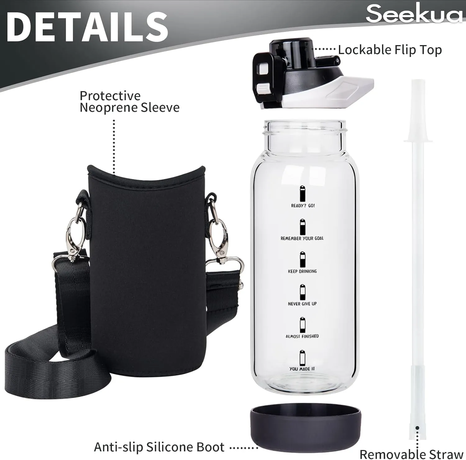 20 oz Sports Glass Water Bottle with Straw & Time Marker, Motivational Kids Daily Glass Drinking Bottle with Strap for Children, School