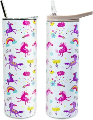20 oz Tumbler with Lid and Straw, Unicorn Print Insulated Tumbler, Stainless Steel Double Wall Vacuum Insulated Water Bottle with Flip Straw for Unicorn Lovers, Girls, 2 Lids, Colored