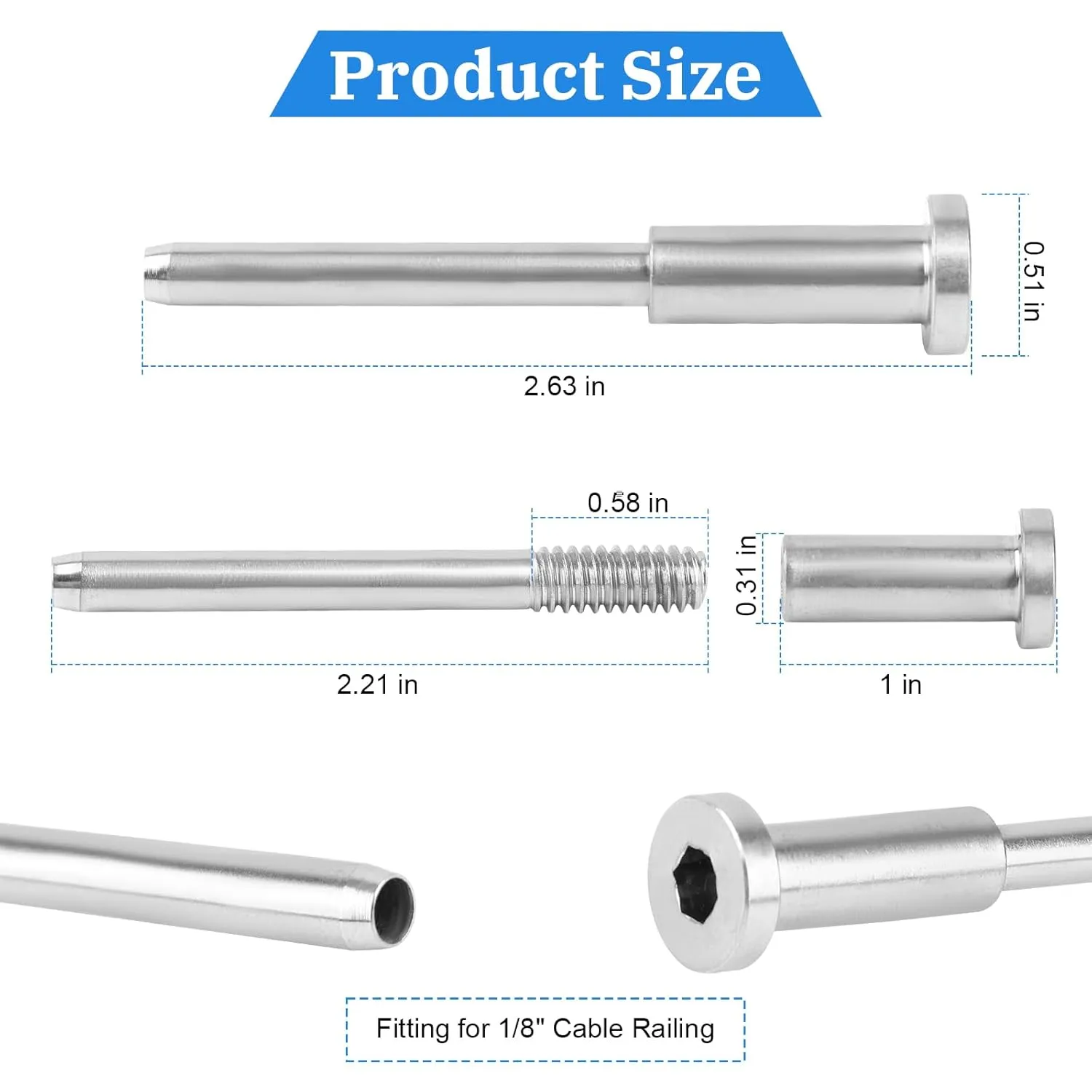 20 Pack Invisible Cable Railing kit, T316 Stainless Steel 1/8" Invisible Receiver and Swage Stud End for Cable Railing, Swage Tensioner for Wood/Metal Post, Cable Railing Hardware