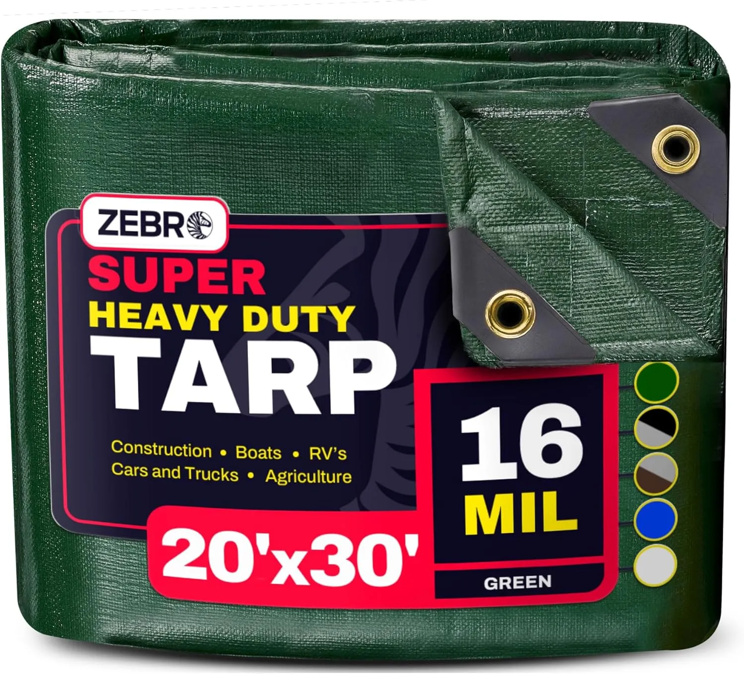 20' x 30' Green Heavy Duty Tarp with Grommets Reinforced - 16 Mil Thick - Double Sided Plastic Tarps Waterproof - Large Tarpaulin Cover for Outdoor Camping Over/Under Tent Tarp RV Roof Rain - Zebro