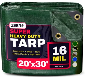 20' x 30' Green Heavy Duty Tarp with Grommets Reinforced - 16 Mil Thick - Double Sided Plastic Tarps Waterproof - Large Tarpaulin Cover for Outdoor Camping Over/Under Tent Tarp RV Roof Rain - Zebro