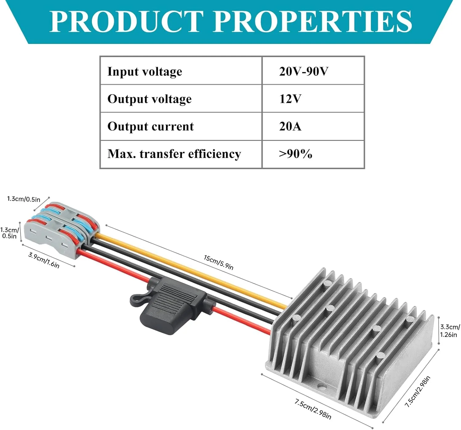 20A 240W DC 20V-90V to 12V Voltage Converter Waterproof Step Down Converter with Fuse Buck Reducer Transformer for Golf Cart Club Car Truck