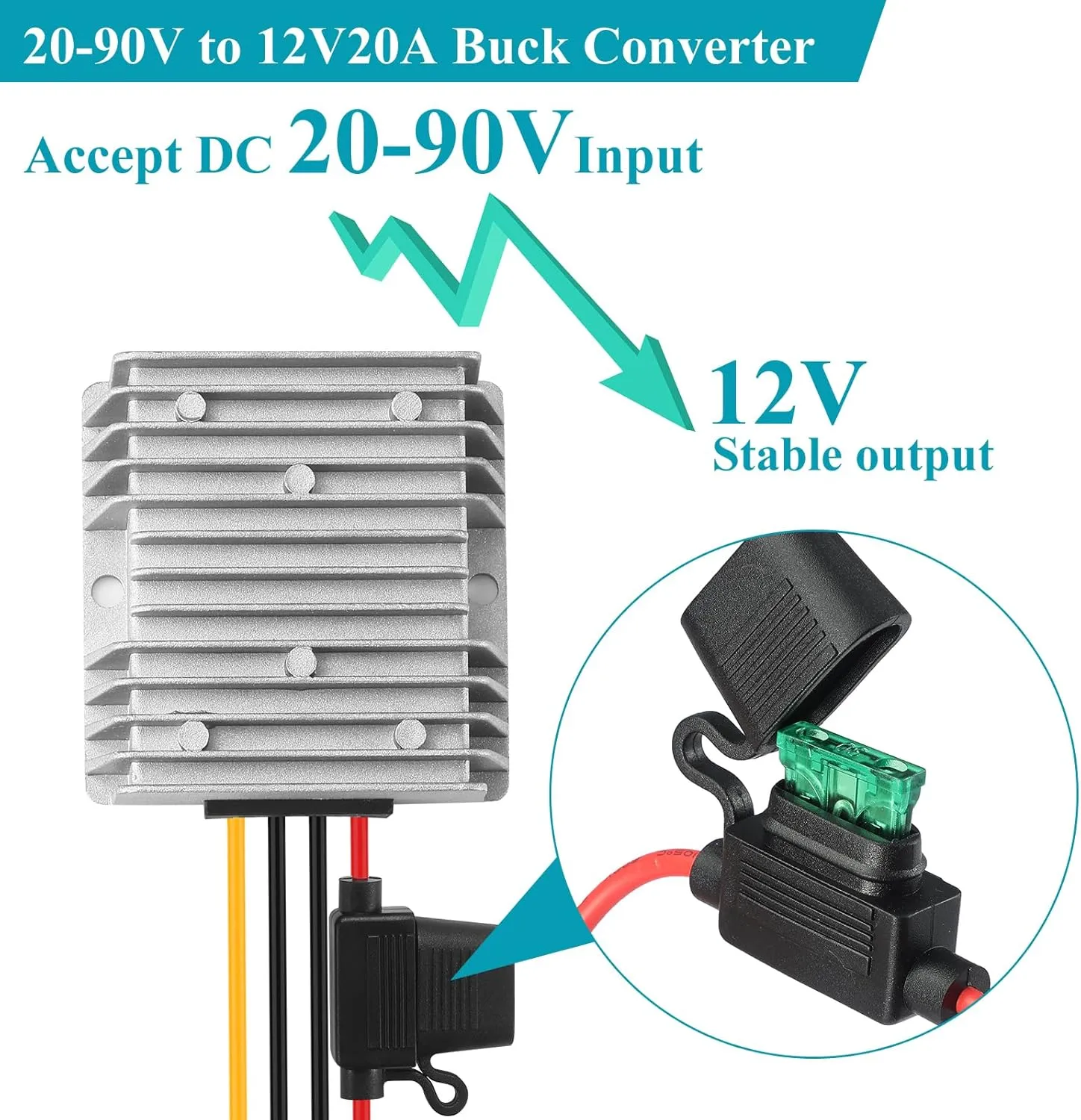 20A 240W DC 20V-90V to 12V Voltage Converter Waterproof Step Down Converter with Fuse Buck Reducer Transformer for Golf Cart Club Car Truck