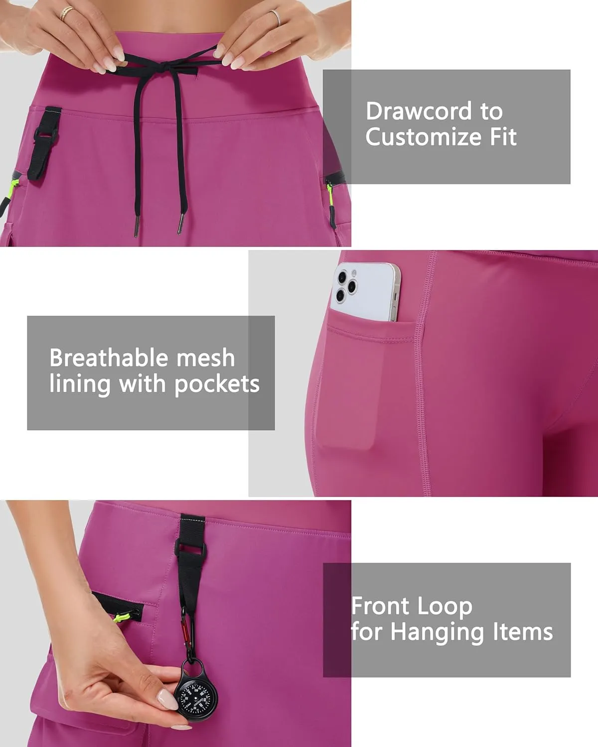 20" Women's Hiking Cargo Skorts Skirts with Zipper Pockets Knee Length Golf Tummy Control Quick Dry Long Skort