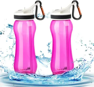 21OZ Curved Design Water Bottle with Straw 2 Pack for School Kids Boys Girls Tritan, Easy to grasp Water Bottle with clip BPA Free for Backpack,Outdoor,Sports,Travel, Portable and Leakproof Pink