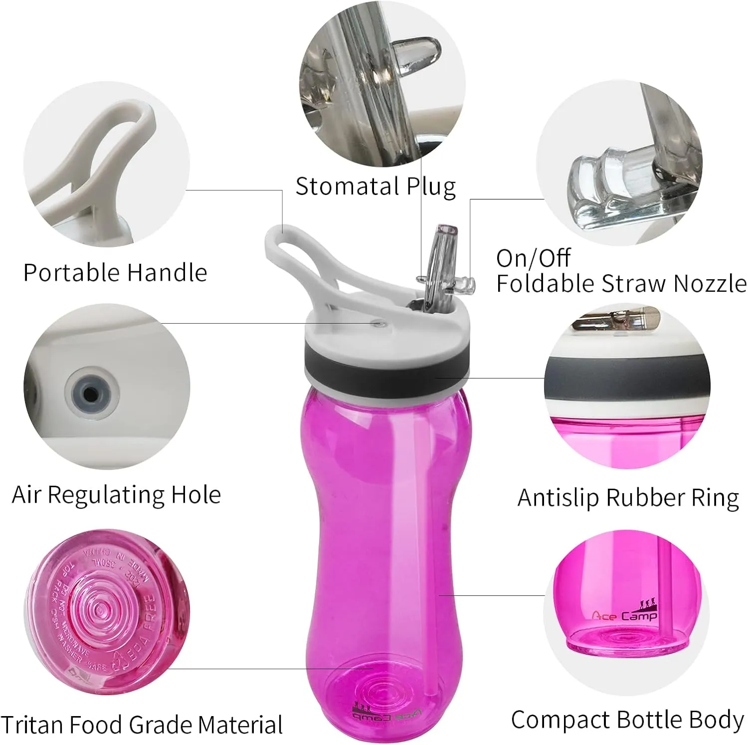 21OZ Curved Design Water Bottle with Straw 2 Pack for School Kids Boys Girls Tritan, Easy to grasp Water Bottle with clip BPA Free for Backpack,Outdoor,Sports,Travel, Portable and Leakproof Pink
