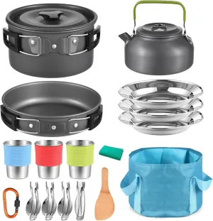 22-in-1 Camping Cookware Mess Kit, Portable Aluminum Pot Pan Set with Kettle, Stainless Steel Plates, Cups, Storage Bag