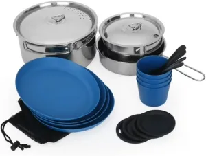 22-Piece Camping Cookware Mess Kit with Non-Stick Pots, Pans, Plates, Cups & Mesh Bag – Lightweight Stainless Steel Cook & Dine Set for 4 People