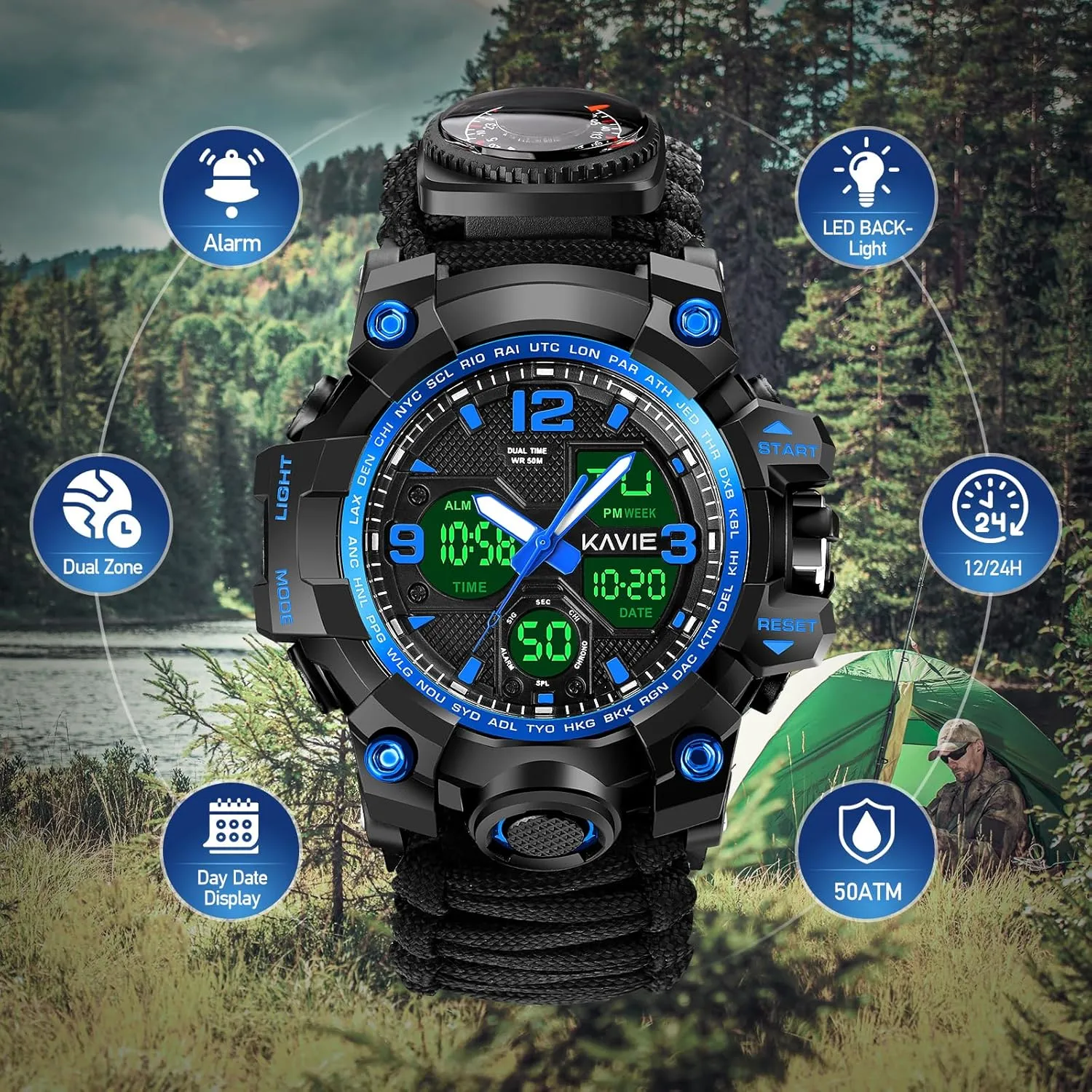 23-in-1 Survival Military Digital Watch, Mens Tactical Multi-Functional and Adjustable Wristband Outdoors Waterproof Sports Watches with Compass Paracord Band