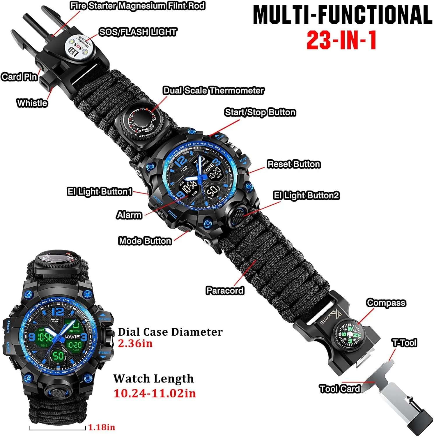 23-in-1 Survival Military Digital Watch, Mens Tactical Multi-Functional and Adjustable Wristband Outdoors Waterproof Sports Watches with Compass Paracord Band