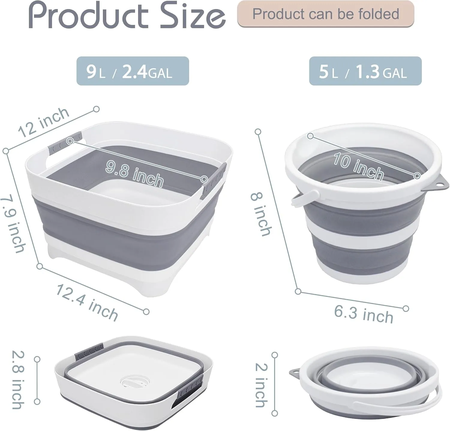 2.4 Gal (9L) Collapsible Wash Basin and Bucket,Folding Dishpan with Drain Plug for Kitchen Sink,5L Portable Foldable Small Bucket for Outdoor Camping Fishing Car Wash(Sets of 2)