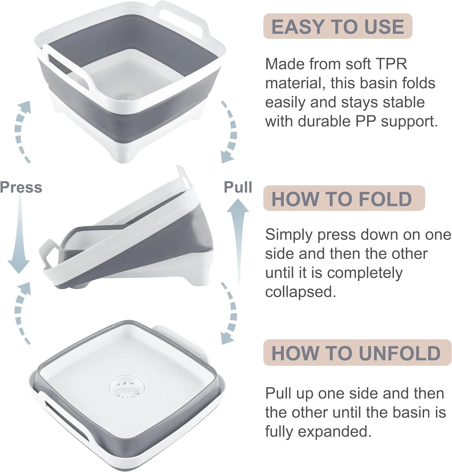 2.4 Gal(9L) Collapsible Dish Basin with Drain Plug, Space Saving Outdoor Multiuse Foldable Sink Tub, Dishpan, Kitchen Storage Tray for Camping, Vegetable Washing, RV (Gray)