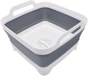 2.4 Gal(9L) Collapsible Dish Basin with Drain Plug, Space Saving Outdoor Multiuse Foldable Sink Tub, Dishpan, Kitchen Storage Tray for Camping, Vegetable Washing, RV (Gray)