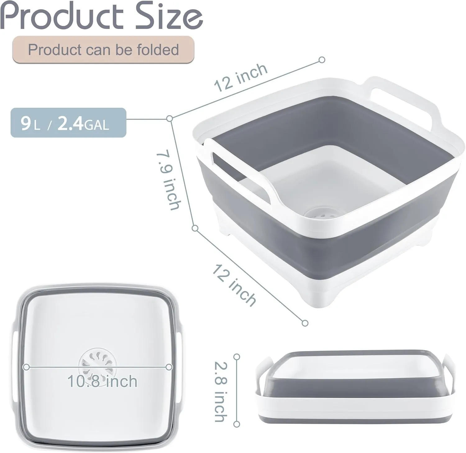2.4 Gal(9L) Collapsible Dish Basin with Drain Plug, Space Saving Outdoor Multiuse Foldable Sink Tub, Dishpan, Kitchen Storage Tray for Camping, Vegetable Washing, RV (Gray)