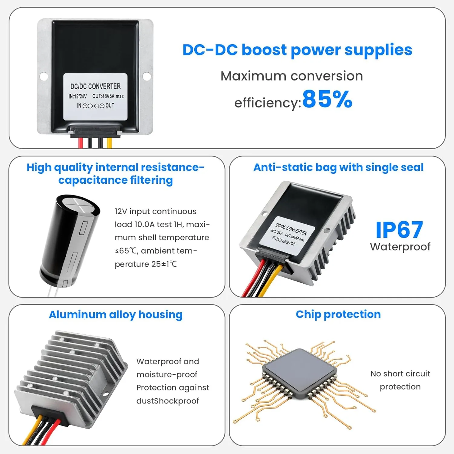 240W DC-DC Boost Converter, 12V/24V to 48V 5A Boost Transformer - Waterproof IP67,Suitable for Golf Carts, Solar Panels, Electric Scooters, Overload/Short Circuit Protection