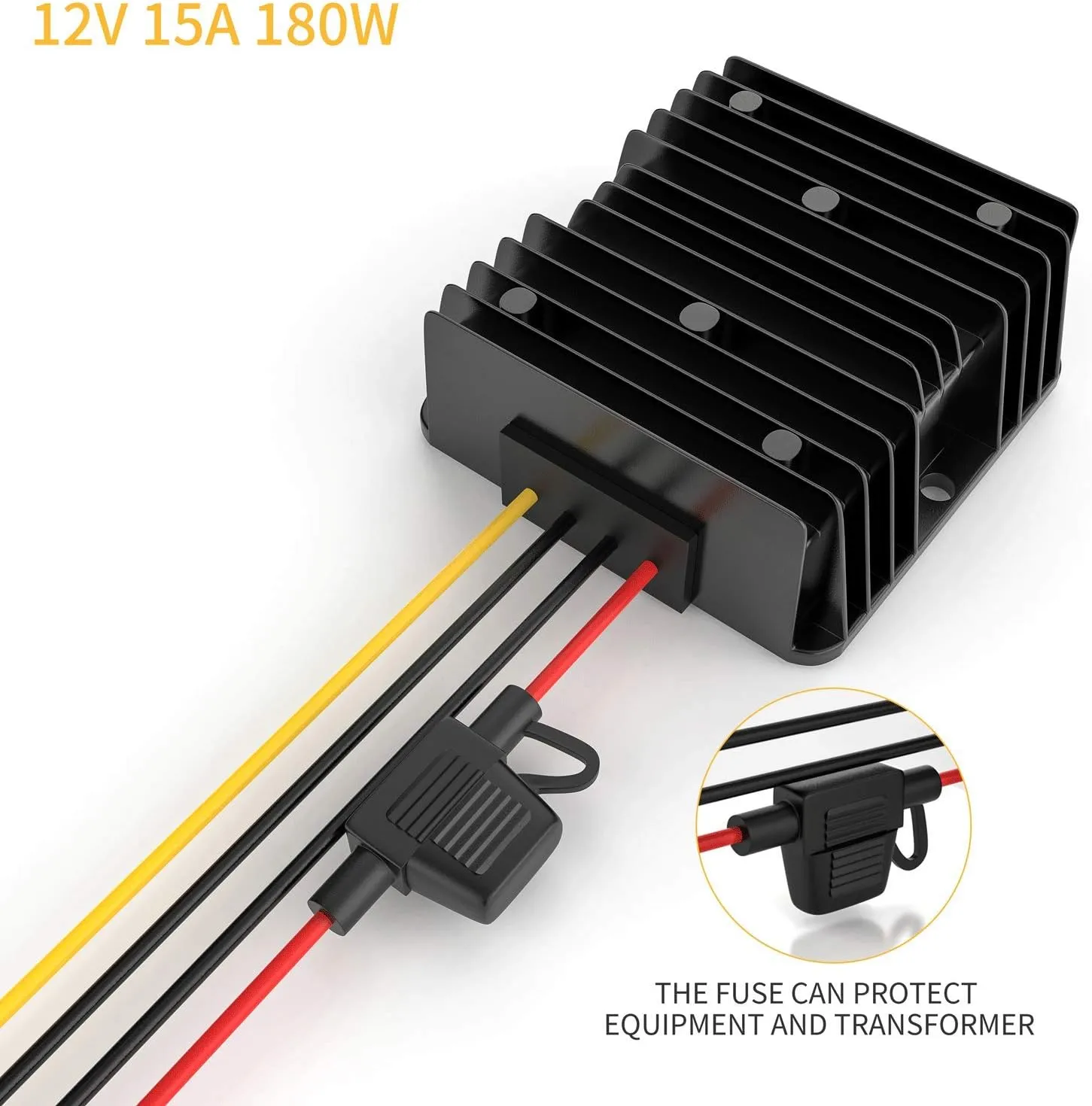 24V to 12V Buck Converter, 15A 180W DC Transformer with Fuse, Waterproof, Step Down Converter for Golf Cart, LED Light, Motor, Truck, Boat, Solar System, 3D Printer