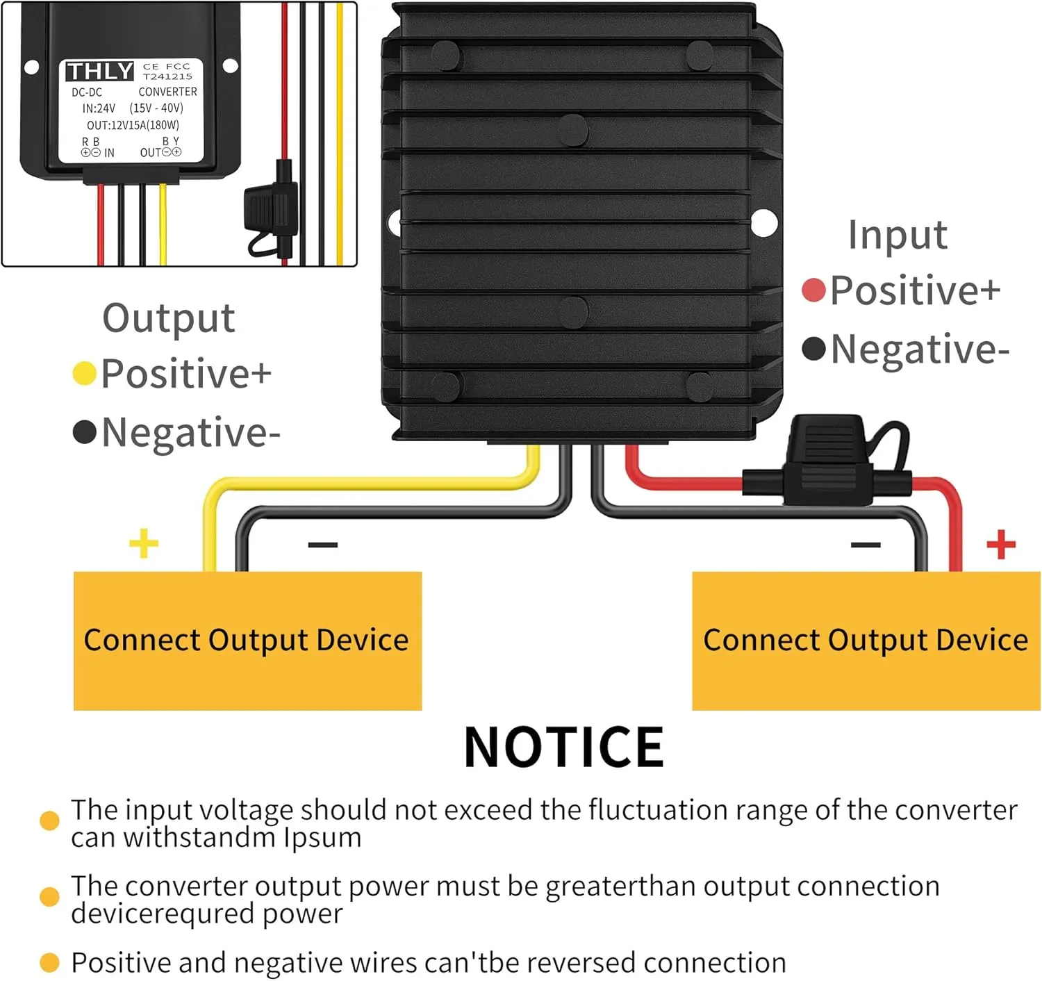 24V to 12V Buck Converter, 15A 180W DC Transformer with Fuse, Waterproof, Step Down Converter for Golf Cart, LED Light, Motor, Truck, Boat, Solar System, 3D Printer
