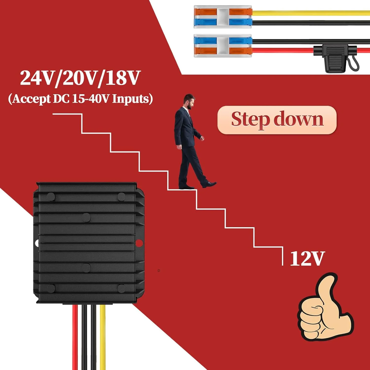 24V to 12V Converter 20A 240W with Fuse Waterproof and Wire Terminal Block, Step Down 20V to 12V, Safe for Golf Cart Truck Vehicle Boat Solar System (Accept DC 15-40V Inputs)