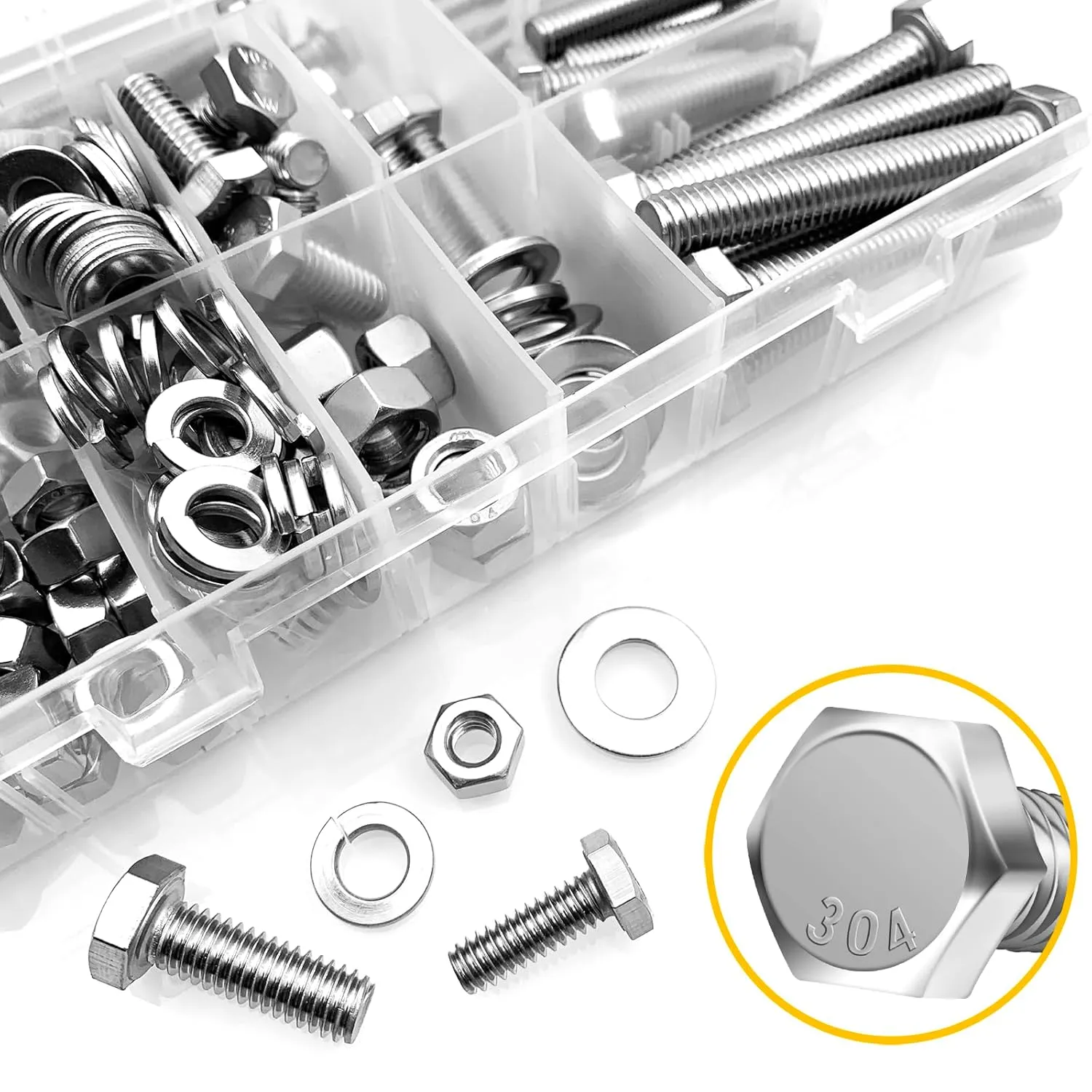 254Pcs Bolts and Nuts Assortment, 1/4 20 Bolt, 5/16 18 Bolt, 3/8 16 Bolt, Heavy Duty 304 Stainless Steel Bolts and Nuts Kit with Flat Spring Washers, Includes 10 Common Sizes, Fully Threaded
