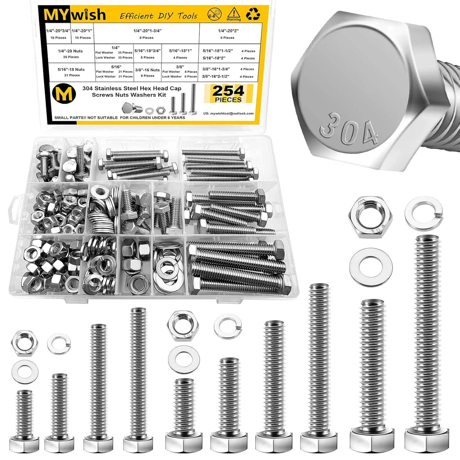 254Pcs Bolts and Nuts Assortment, 1/4 20 Bolt, 5/16 18 Bolt, 3/8 16 Bolt, Heavy Duty 304 Stainless Steel Bolts and Nuts Kit with Flat Spring Washers, Includes 10 Common Sizes, Fully Threaded