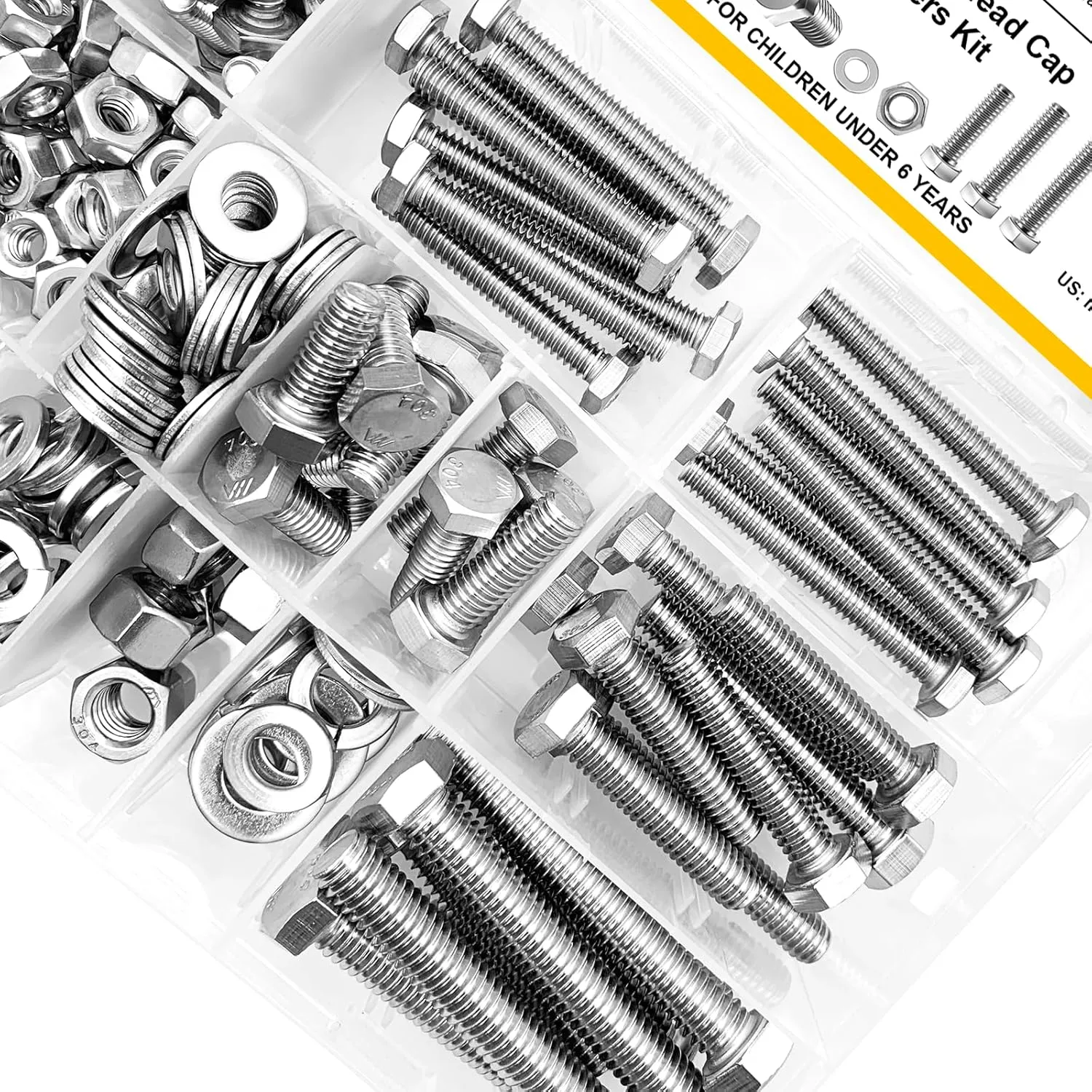 254Pcs Bolts and Nuts Assortment, 1/4 20 Bolt, 5/16 18 Bolt, 3/8 16 Bolt, Heavy Duty 304 Stainless Steel Bolts and Nuts Kit with Flat Spring Washers, Includes 10 Common Sizes, Fully Threaded